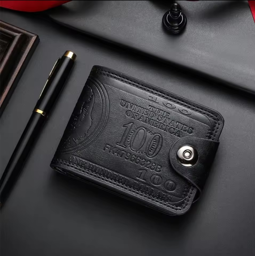 BILLETERA COLOR NEGRO DE CUERO PU CON TARJETEROS MULTIPLES ESTAMPADO DE 100 DOLARES DE USA M49
